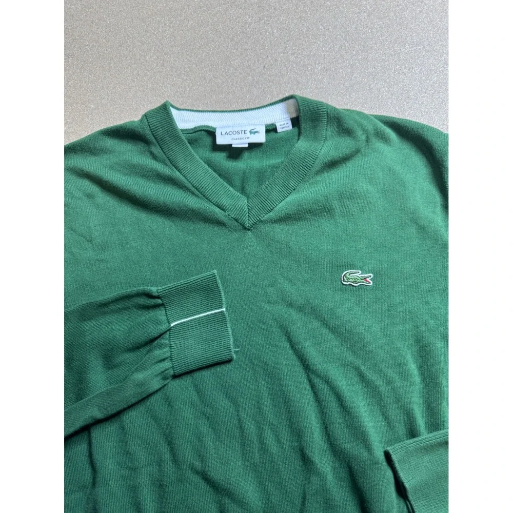 Lacoste Classic Fit V-Neck Knit Sweater Mens M‎ Green Crocodile Logo Pullover